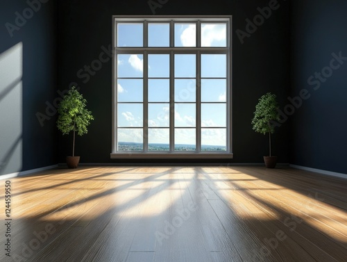 The image portrays a spacious living room interior with modern design elements. A tall, airy ceiling accentuates the high window, which lets in an abundance of natural light. The room is tastefully