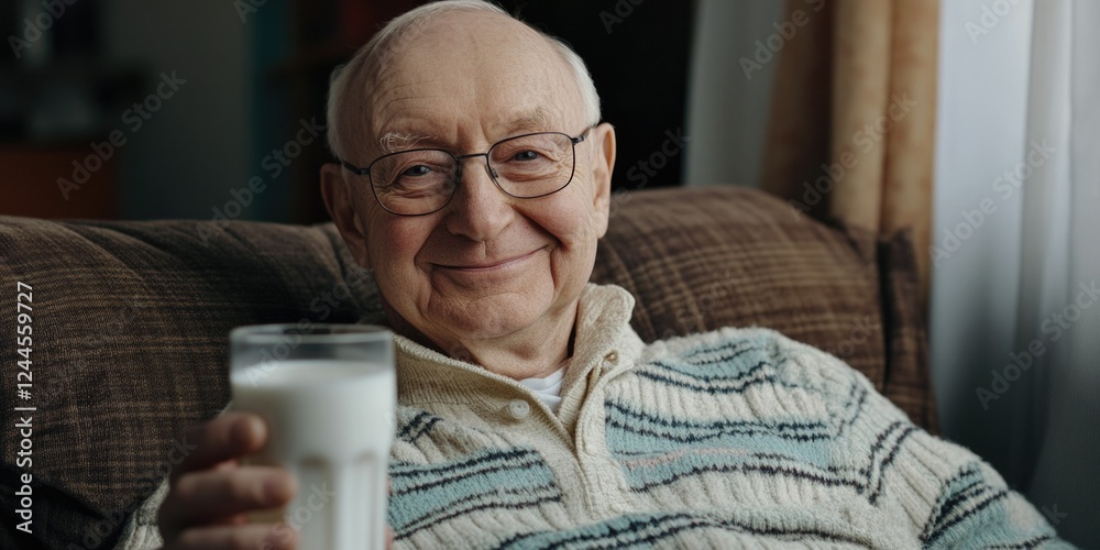 The image depicts an elderly man sitting on a couch, holding a glass of milk close to his mouth as if he is about to take a sip. He appears relaxed and comfortable in his surroundings. The room has a The image depicts an elderly man sitting on a couch, holding a glass of milk close to his mouth as if he is about to take a sip. He appears relaxed and comfortable in his surroundings. The room has a