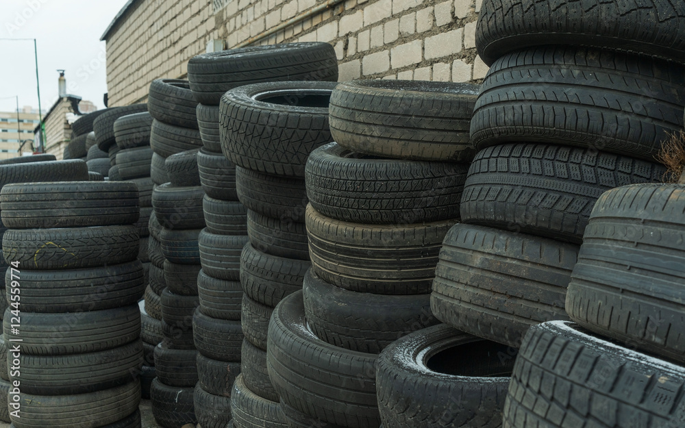 Storage of discarded old car tires outdoors, showcasing a pile of used tires ready for recycling. Highlighting environmental concerns and rubber waste management Storage of discarded old car tires outdoors, showcasing a pile of used tires ready for recycling. Highlighting environmental concerns and rubber waste management