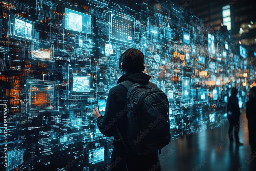A person interacts with a digital display of interconnected data visuals. A person interacts with a digital display of interconnected data visuals.