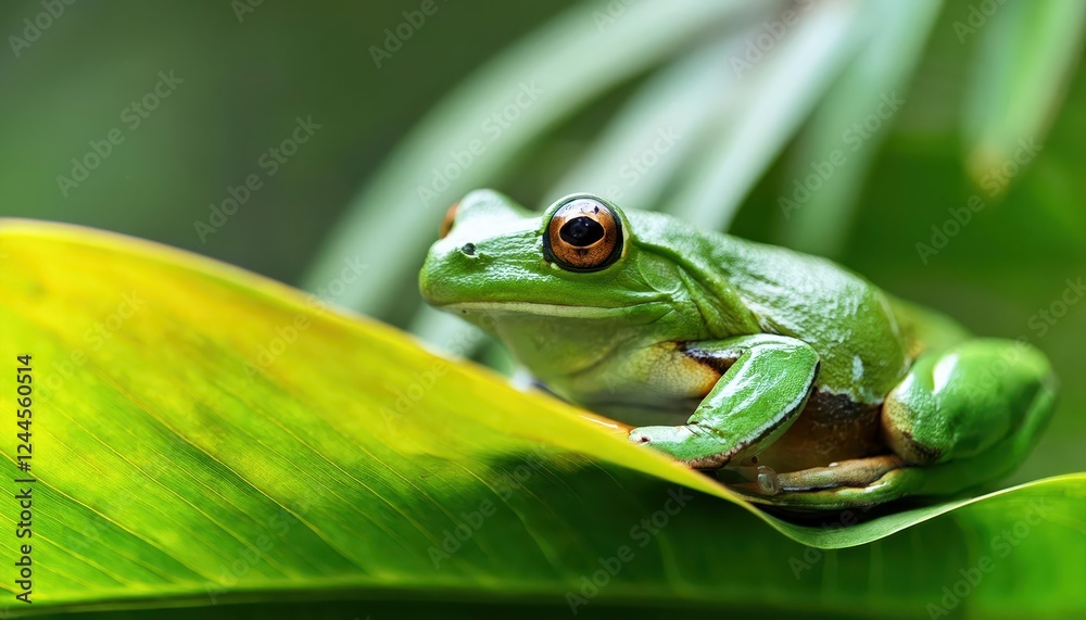 Enchanting Closeup of a Green Frog Perched on a Dewy Leaf Amidst the Serenity of a Misty Forest Glade at Dawn, Capturing Natures Tranquil Beauty. Enchanting Closeup of a Green Frog Perched on a Dewy Leaf Amidst the Serenity of a Misty Forest Glade at Dawn, Capturing Natures Tranquil Beauty.