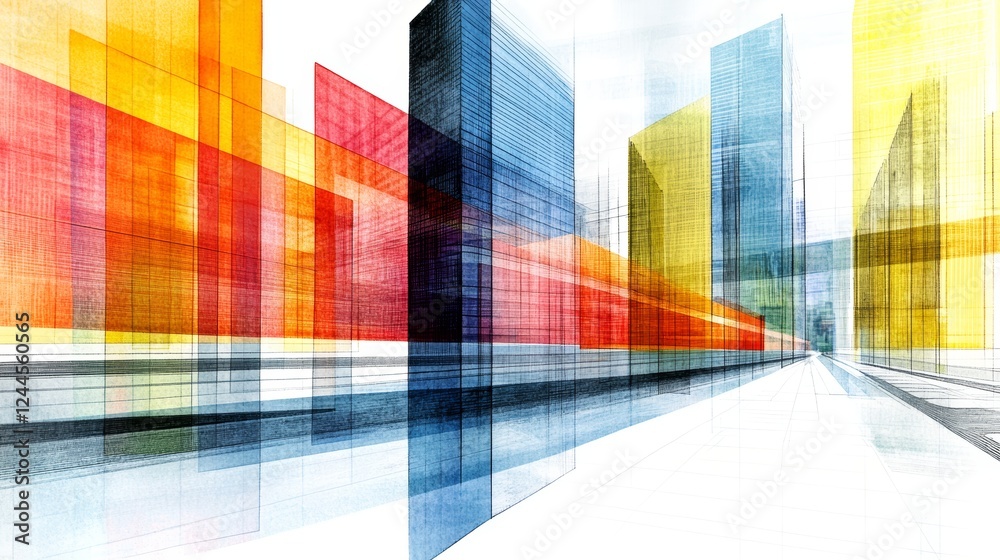 Obraz premium Vibrant city streetscape. Abstract architectural design with bold colors and dynamic lines.