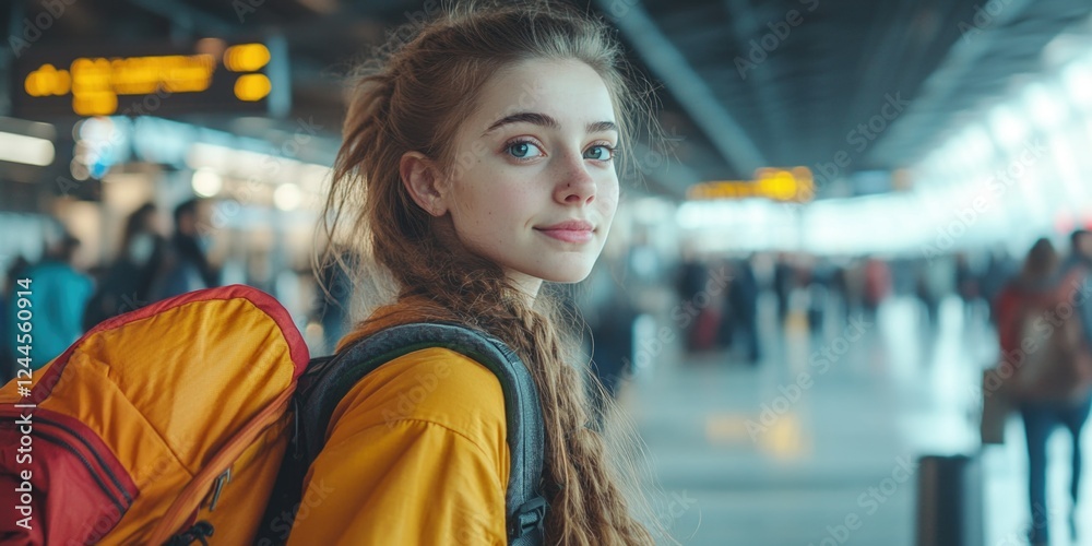 This image captures the essence of travel and adventure. A young woman, full of anticipation, stands in an airport terminal with her backpack, waiting for her flight. She is dressed casually for a This image captures the essence of travel and adventure. A young woman, full of anticipation, stands in an airport terminal with her backpack, waiting for her flight. She is dressed casually for a