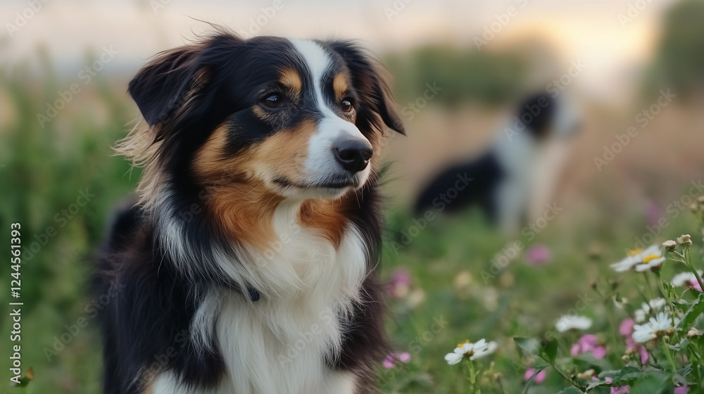 a border collie english sheperd mix breed outside in a garden a border collie english sheperd mix breed outside in a garden