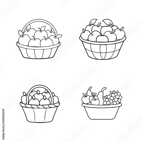 Basket with fruits line art vector illustration.