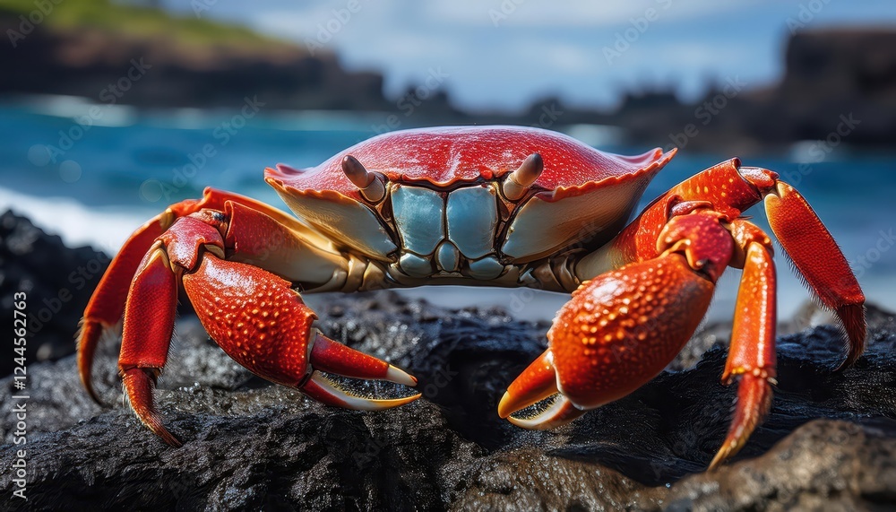 Majestic Galapagos Crab Basking in Early Morning Light, Silhouetted Against a Volcanic Shoreline, Vibrant Colors Contrasting with the Rugged Lava Textures at Dawn. Majestic Galapagos Crab Basking in Early Morning Light, Silhouetted Against a Volcanic Shoreline, Vibrant Colors Contrasting with the Rugged Lava Textures at Dawn.