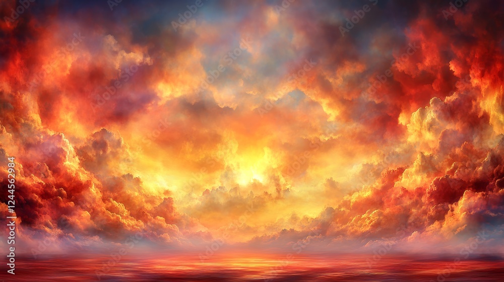 Fototapeta premium Fiery sunset over a calm sea. Dramatic clouds fill the sky with vibrant oranges and reds.