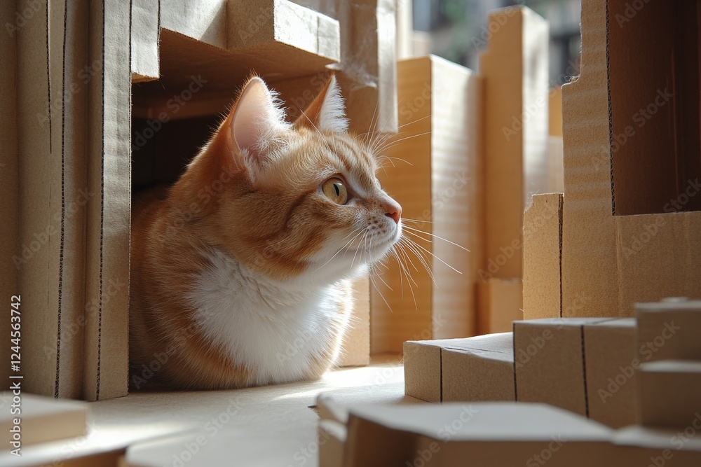 Fototapeta premium Curious orange cat explores cardboard structures in sunlit indoor space during morning hours
