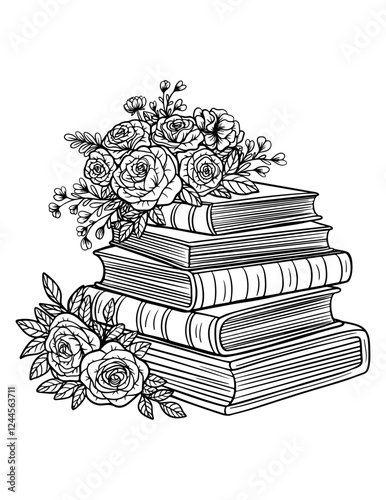 Vector stack of vintage style books, floral arrangement, rose, peony, leaves, black and white illustration, isolated, print, sketch