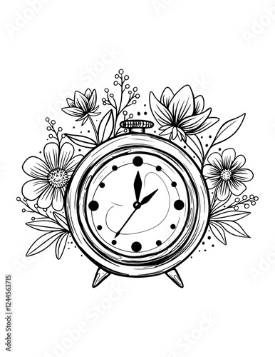 Vector retro vintage style clock, floral arrangement, rose, peony, leaves, black and white illustration, isolated, print, sketch