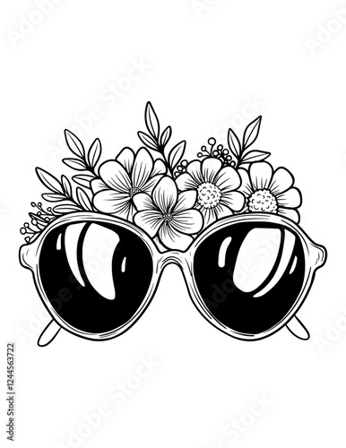 Vector retro sunglasses women's vintage style, floral arrangement, rose, peony, leaves, black and white illustration, isolated, print, sketch