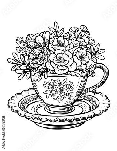Vector vintage style cup and saucer, floral arrangement, rose, peony, leaves, black and white illustration, isolated, print, sketch