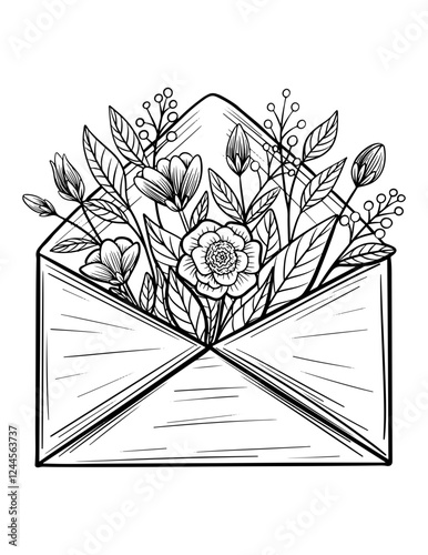Vector envelope letter vintage style, floral arrangement, rose, peony, leaves, black and white illustration, isolated, print, sketch
