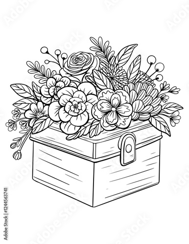 Vector vintage style wooden jewelry box, floral arrangement, rose, peony, leaves, black and white illustration, isolated, print, sketch