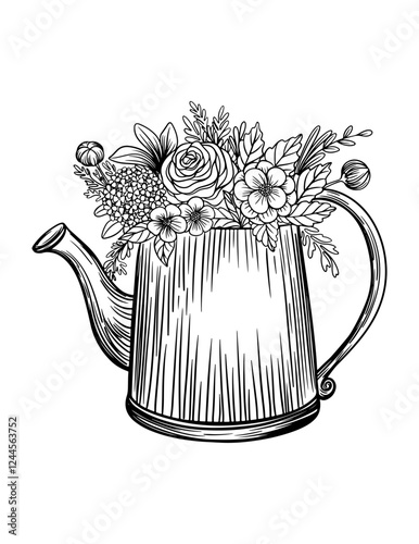 Vector vintage style flower watering can, flower arrangement, rose, peony, leaves, black and white illustration, isolated, print, sketch