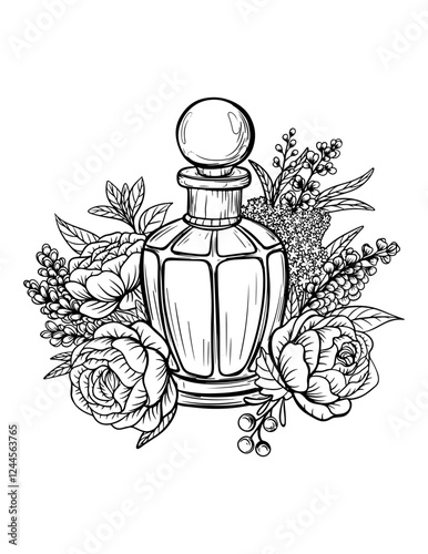Vector vintage style perfume bottle, floral arrangement, rose, peony, leaves, black and white illustration, isolated, print, sketch