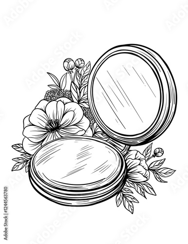 Vector powder bottle with mirror, cosmetics, vintage style vase, flower arrangement, black and white illustration, isolated, print, sketch