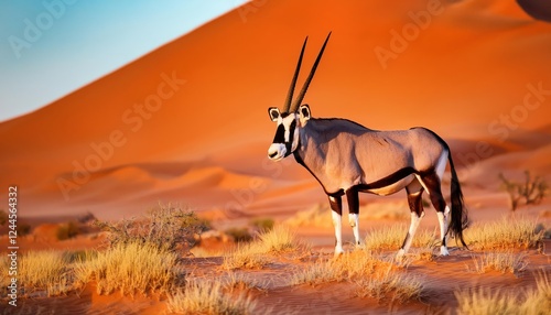 Majestic Gemsbok Silhouette against an Orange Sand Dune and Evening Sunset Sky, Desert Scene Capturing Tranquility and Serenity in the African Wilderness