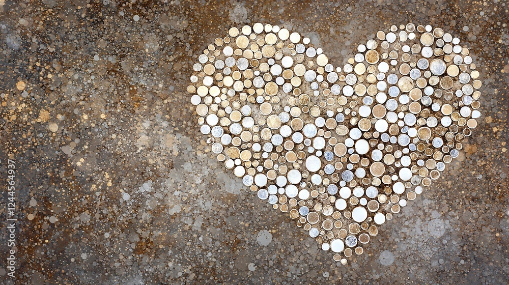 A heart-shaped coin sculpture perched on a concrete base, surrounded by an array of coin hearts A heart-shaped coin sculpture perched on a concrete base, surrounded by an array of coin hearts