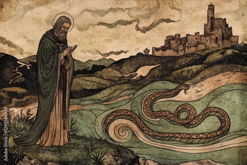 Medieval Illustration of Saint Patrick Driving Snakes Out of Ireland, Ancient Landscape Scene