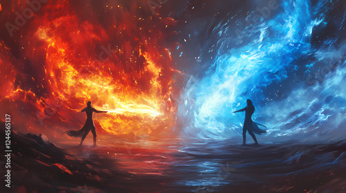 Fire and ice clash dramatically in a vivid illustration of elemental forces. Elemental Forces. Illustration