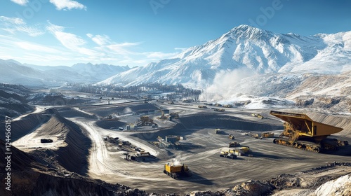 Aerial view of a mining operation in a snowy mountain landscape with machinery and trucks