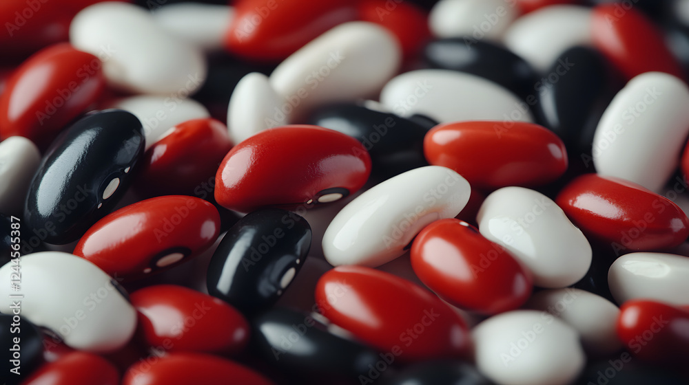A close-up shot of dried beans in red, white, and black hues, with light reflecting off their smooth surfaces. A close-up shot of dried beans in red, white, and black hues, with light reflecting off their smooth surfaces.