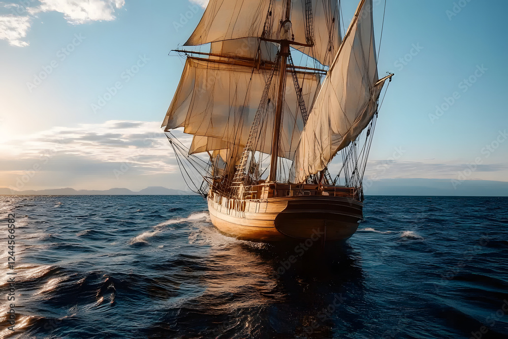 Obraz premium Spanish caravel sailing in the open sea, columbus day.