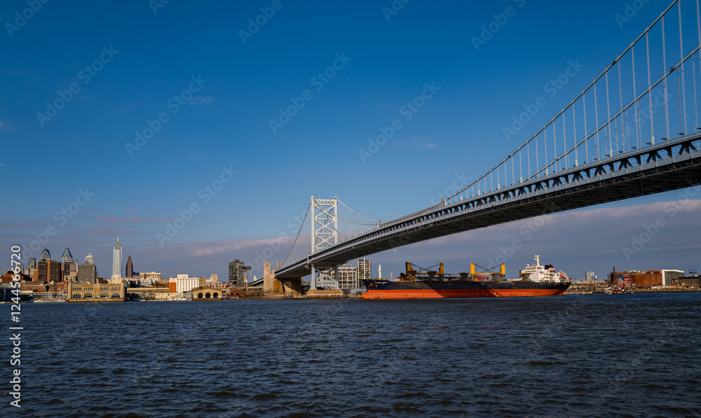Naklejka premium The architectural beauty that is the Ben Franklin Bridge spanning across the Delaware River between Camden NJ and Philadelphia Pennsylvania