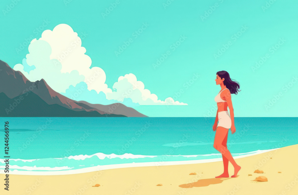 A woman strolls gracefully along a sandy beach with gentle waves lapping at her feet. The vibrant ocean contrasts with the distant mountains under a blue sky with fluffy clouds. A woman strolls gracefully along a sandy beach with gentle waves lapping at her feet. The vibrant ocean contrasts with the distant mountains under a blue sky with fluffy clouds.