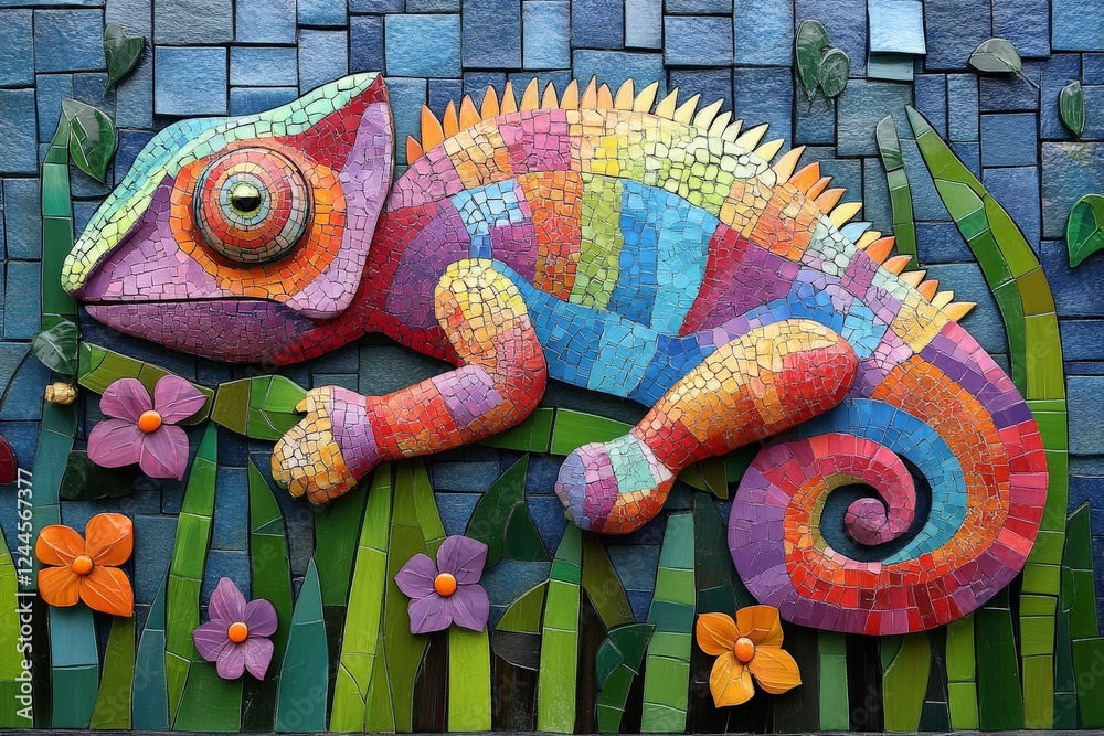 Obraz premium Colorful mosaic chameleon art displayed against a vibrant backdrop of flowers and foliage in an outdoor setting