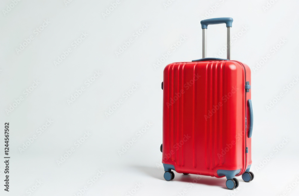 A vibrant red suitcase stands upright with a sturdy handle and four wheels showcasing a sleek design ideal for travelers. The background is plain and light emphasizing the luggage. A vibrant red suitcase stands upright with a sturdy handle and four wheels showcasing a sleek design ideal for travelers. The background is plain and light emphasizing the luggage.