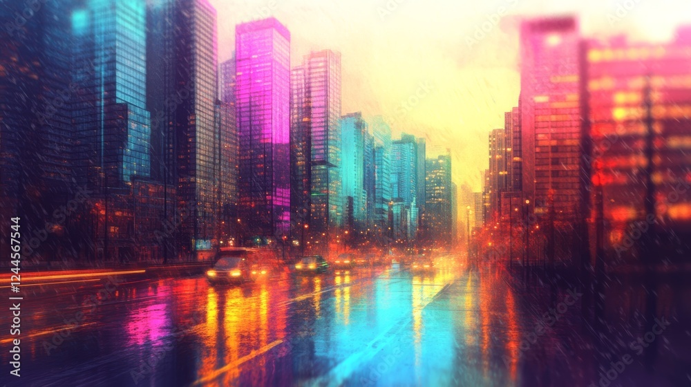 Obraz premium Vibrant city street at night, rain reflecting colorful lights on wet asphalt. Dynamic cityscape.