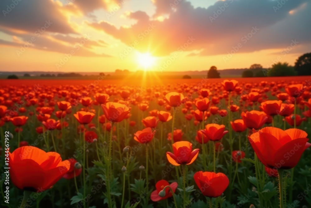Golden sunrise illuminates a sea of swaying poppies , field, morning Golden sunrise illuminates a sea of swaying poppies , field, morning