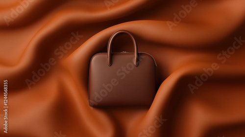 Sac à main en cuir marron sur fond de cuir orange ondulant, design minimaliste photo