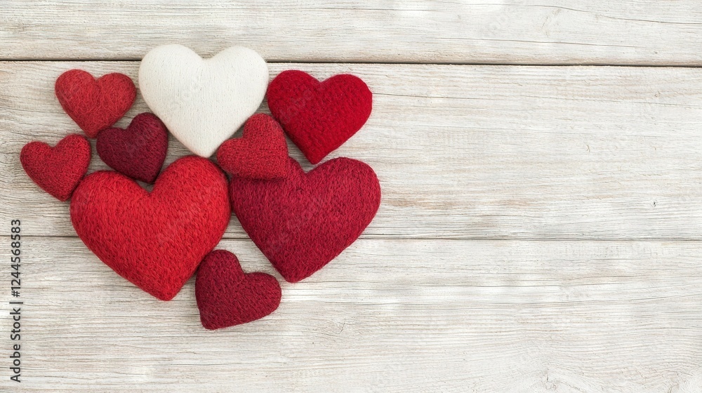 A pair of red and white hearts resting atop a white wooden table beside a steaming cup of coffee A pair of red and white hearts resting atop a white wooden table beside a steaming cup of coffee