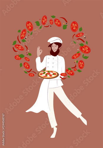 Vector illustration .The chef, the pizza chef, stands full-length with a pizza in his hand, while tomatoes, spices, and basil fly around.