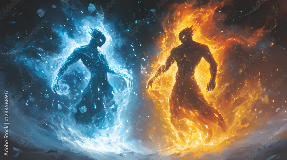 Naklejka premium A striking visual of two elemental figures, one of fire and one of ice, symbolizing the balance of opposing forces in nature. Elemental Forces. Illustration