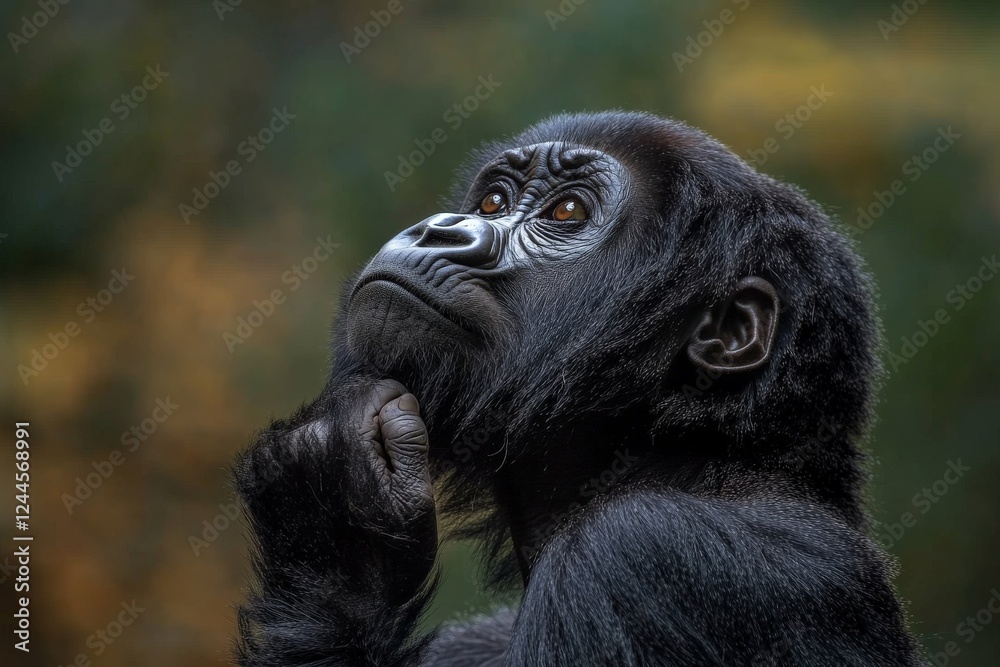 Gorilla in thoughtful pose observing surroundings in a natural setting during daylight hours Gorilla in thoughtful pose observing surroundings in a natural setting during daylight hours