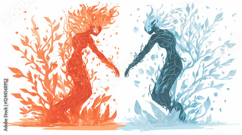 A striking visual of two elemental figures, one of fire and one of ice, symbolizing the balance of opposing forces in nature. Elemental Forces. Illustration photo