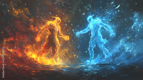 A striking visual of two elemental figures, one of fire and one of ice, symbolizing the balance of opposing forces in nature. Elemental Forces. Illustration