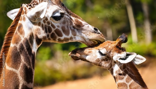 Tender Moment of a Giraffe Mother Gently Nuzzling Her Newborn Calf Amidst the Savannah Sunset, Capturing the Essence of Wild African Majesty and Tranquility photo