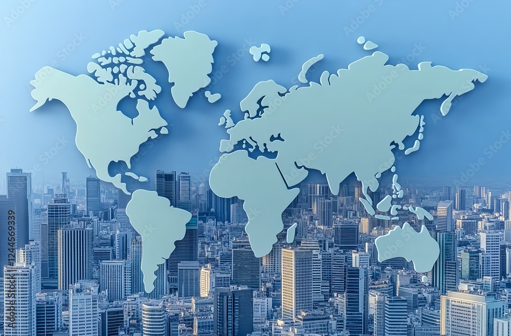 Global Cityscape Pale Blue 3D World Map Over Urban Skyline Global Cityscape Pale Blue 3D World Map Over Urban Skyline
