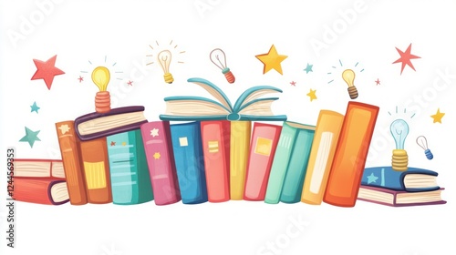 Colorful books with light bulbs & stars on white background for education, illustration, design