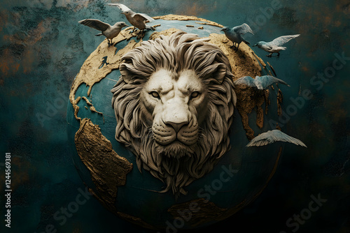 3D Rendering of Liona??s Head on Globe with Birds photo