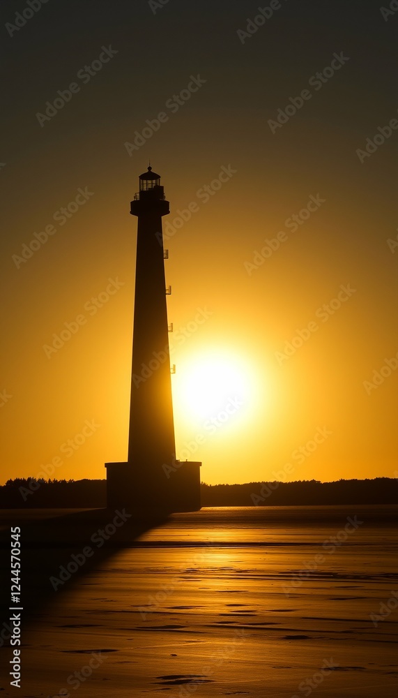 Scenic Lighthouse Silhouette at Sunset with Golden Sky and Ocean Reflection in Serene Outdoor Photography
