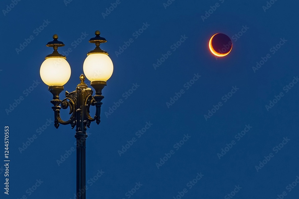 Street lights illuminate the night sky during a striking lunar eclipse Street lights illuminate the night sky during a striking lunar eclipse