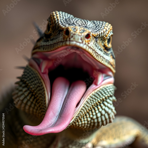 A close-up portrait of a frilled lizard with its mouth open and tongue extended, revealing its sharp teeth and textured scales. photo