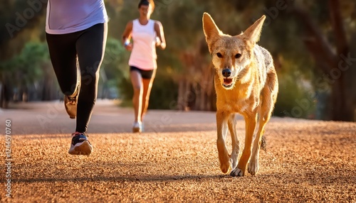 Striking Golden Jackal Stroll in Yarkon Park Majestic Wildlife Amidst Vibrant Autumn Hues and Urban Backdrop at Dusk photo