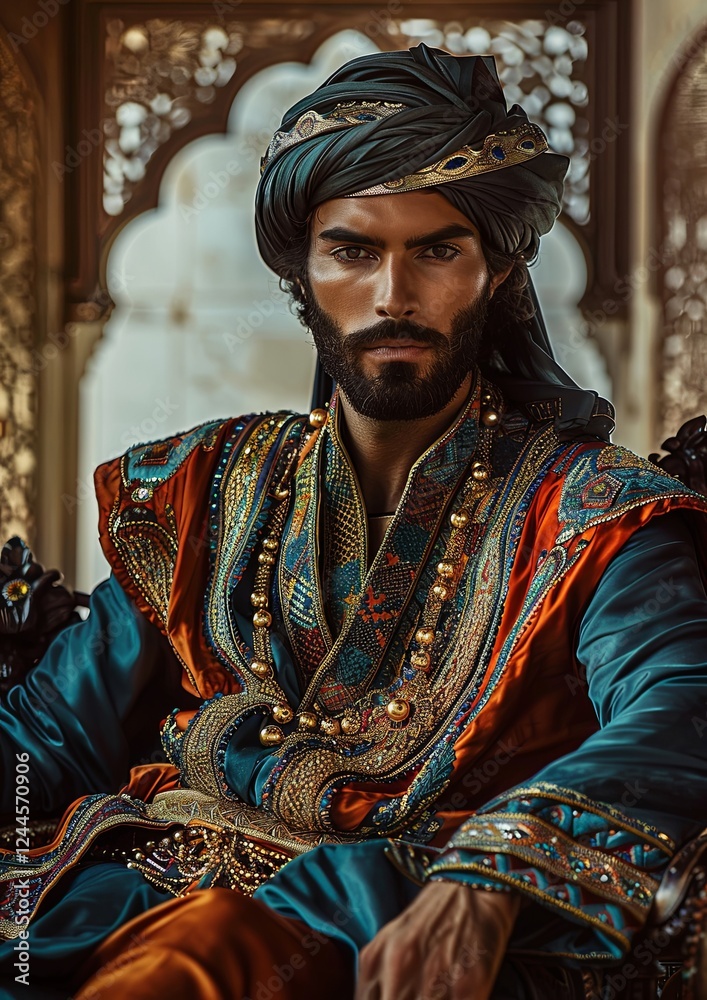 Obraz premium Sultan, fairy tale, Middle Eastern man in luxurious traditional clothing with a decorated turban, gold jewelry, and an intense gaze, sitting in an ornate palace setting